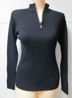 Marisa Christina Studio Black V Zip Cotton Sweater Size S