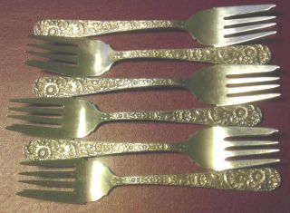 Six Solid Sterling Silver KIRK & SON Repousse Salad Forks 230 grams No