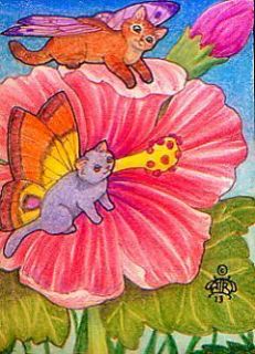 Catterflies on a Hibiscus ACEO ORIGINAL drawing by Mary Hanson Roberts