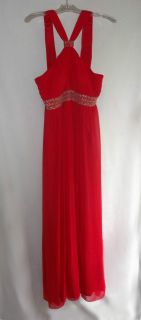 JS Boutique Red Chiffon Beaded Full Length Halter Dress/ Evening Gown