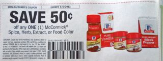 Coupons $.50/1 McCormick Spice, Gerb, Extract or Food Color (1/6/13