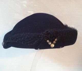 Merrimac Millinery 1940s 50s Vintage Hat Navy Felt w Beadwork EXC Cond
