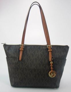 Michael Kors Womens Handbag Brown PVC Monogram Signature E W Tote Bag