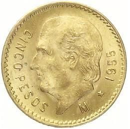 Mexico 5 Pesos KM 464 UNC Gold Coin 1955