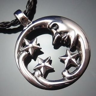 Crescent Smiling Moon and Stars Pewter Pendant with 20 Choker