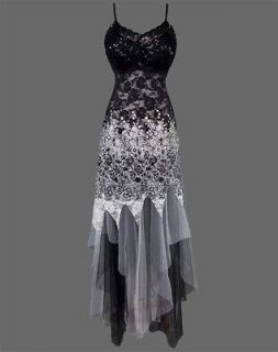 Fabulous V Neck Lace Bead Yarn Strap Evening Gowns L black