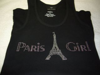 NEW Womens Paris Girl Eiffel Tower Rhinestone Black Tank Top