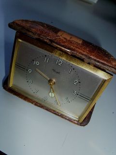 Clock travel alarm mechanical KIENZLE brown leather case 95x70x30mm