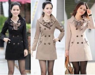 Women slim fit Trench Double Breasted Coat Scarf Outwear top blouse
