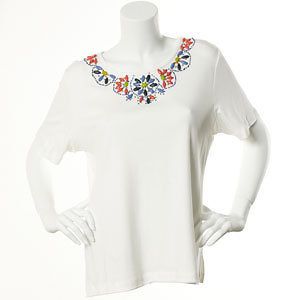 1X White Positano Beaded Floral Yoke Neckline Top by Alfred Dunner