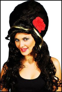 Amy Winehouse Fancy Dress Black Beehive 60s Wig with Roses +Tattoos