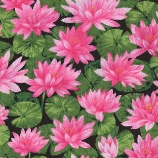 PINK WATER LILIES AND LILYPADS Cotton Fabric BTY for Quilting, Craft