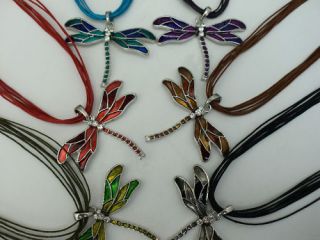 Lovely Enamel Dragonfly Pendant Necklace On Ribbon E05