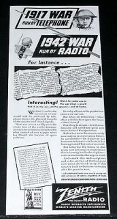 1942 OLD WWII MAGAZINE PRINT AD, ZENITH RUNNING THE WAR BY RADIO