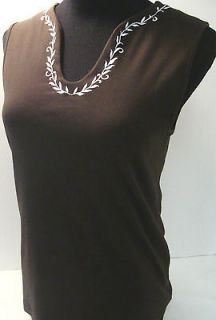Ann Taylor Loft V Neck Tee Brown With White Neck Accent Sz Med