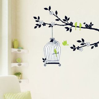 Hanging Birdcage off tree a branch   Removable Wall Stickers Art Decal