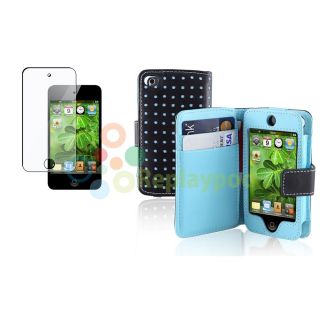 /Blue Leather Wallet Case Cover+LCD Film For iPod touch 4 4th G Gen