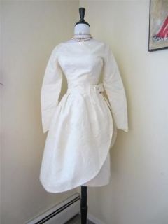 Vintage 1950s 60s MOD Short Wedding Dress Off White Ivory Damask S