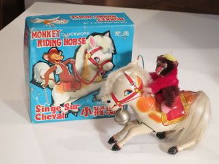 714. Monkey Riding Horse Vintage Mechanical Tin Metal Toy in Box
