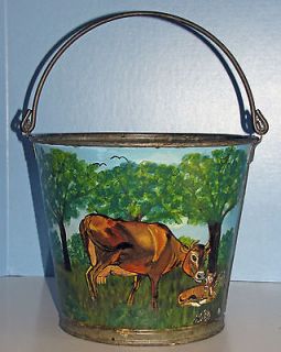 JERSEY COW & CALF PAINTING ON VINTAGE GALVANIZED METAL BUCKET PAIL