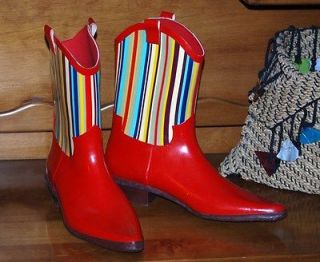 TAMARA HENRIQUES Bright RED striped rainboots Cowboy Winter RAIN BOOTS