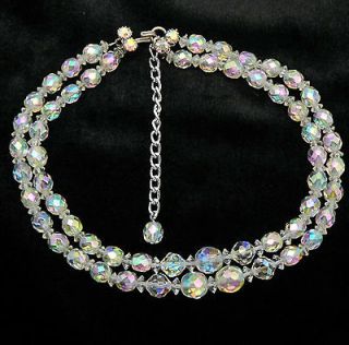 Signed Austrian Faceted AB Glass Crystal Beads 2 Strand Necklace