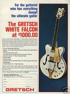 1966 GRETSCH White Falcon Guitar & Fury, Variety Amps 2 Sided Ad w
