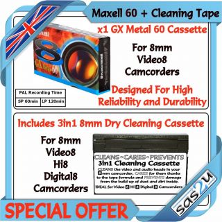 Metal 8mm Camcorder Video8 Tape + Hi8 Digital8 Dry Cleaning Cassette