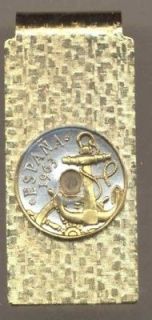 Gold/Silver Coin Money Clip, Spanish 50 Centimes Anchor & Ships
