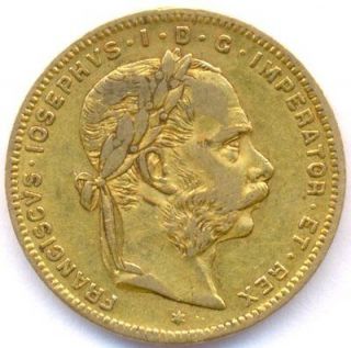 1876 GOLD 8 FLORINT/20 FRANCS AUSTRIA, SCARCE, 6.45 GR.