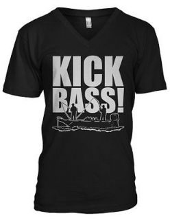 Kick Bass Mens V Neck T Shirt Tee Fishing Boat Fish Graphic Humor