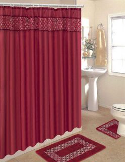 Circles Embroidered 15 Pcs Bathroom Shower Curtain Hooks Bath Rug Set