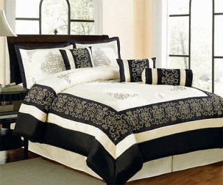 PC Black Beige Satin Comforter Set King Size Bed in a Bag New