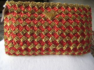 Prada AUTHENTIC NWT Large Red & Gold Crocheted Raffia Clutch