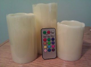 Set of 3 Flameless Mulit colored Flame Ivory Pillar Candles w