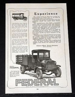 1919 OLD MAGAZINE PRINT AD, FEDERAL MOTOR TRUCKS, ONE TO FIVE TONS