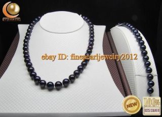 Fine cultured 8 9mm AAA black pearl jewelry set ( 18&7.5 inch ) R