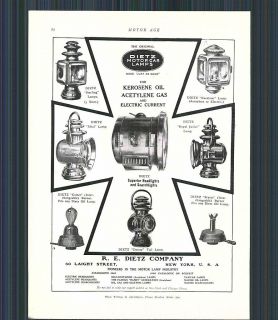 1908 Car Ad 1909 Automobile Dietz Motorcar Lamps Acetylene Gas