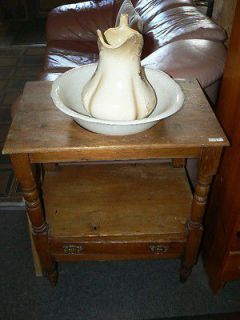 Antique Wash Stand, 1 Drawer, Pine, With Pitcher & Bowl, Hand Cut