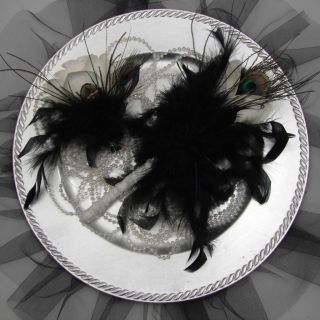 pc Wedding set Bouquet and Fascinator Rose Peacock Black Feathers