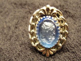 Whiting and Davis High Relief Cameo silvertone blue glass 
