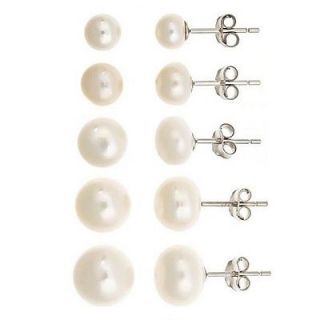 Silver Set of 5 Sizes Genuine White Freshwater Pearl Stud Earrings