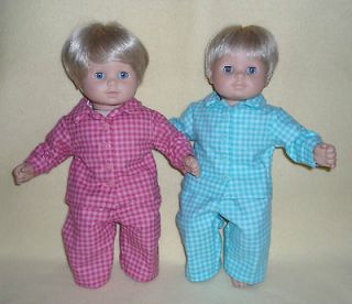 Fits Bitty Baby twin doll clothes 4pc teal and pink gingham pjs.