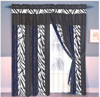 Jacquard Wild Animal Paisley Zebra Blue Curtain Panel Valance Tassel