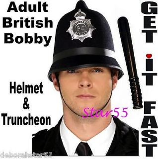 Mens Adult British Bobby English Policeman Police Helmet & Truncheon