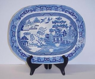 ANTIQUE IRONSTONE BLUE WILLOW PLATTER OPAQUE WARRANTED CHINA 1800S