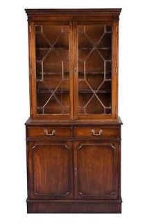 English Antique Style Mahogany Bookcase w/ Astragal Glass Doors