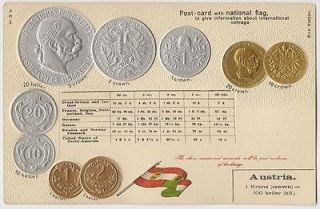 c1910 Coin Card Postcard with National Flag & Currency Converter