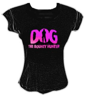DOG THE BOUNTY HUNTER PINK MOTIF LADIES FITTED T SHIRT IN SIZES 6 TO