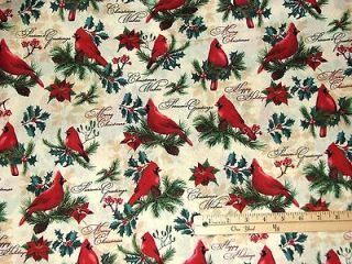 Red Cardinal Seasons Greetings Merry Christmas Fabric by the 1/2